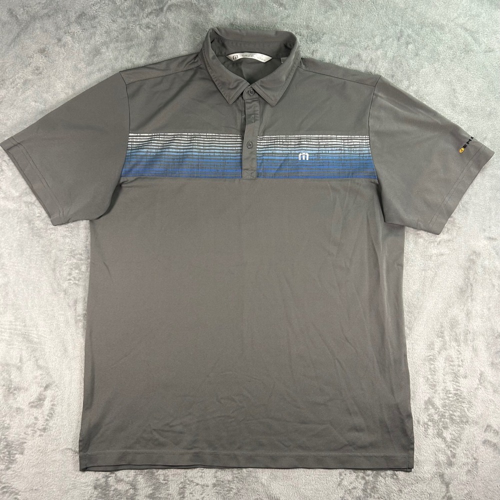 TravisMathew Mens Golf Polo Shirt Large Gray Blue Stripe Short Sleeve Emkay Logo